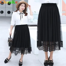 ChenKe Fat MM Плюс размер милые женские весенние летние юбки Новая Корейская Дамская кружевная юбка Модный Дикий комплект пуловер+ кожаная юбка