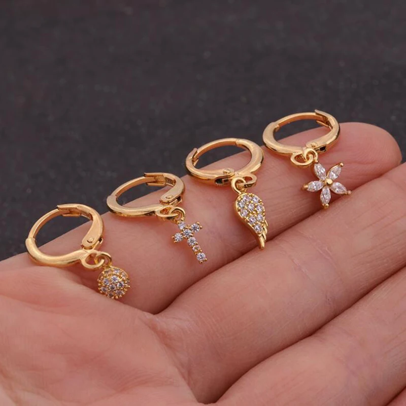 1pc Small Hoop Earrings for Women CZ Heart Star Flower Cross Wing Sunflower Geometric Hoops Gold Silver Color Jewelry Earing