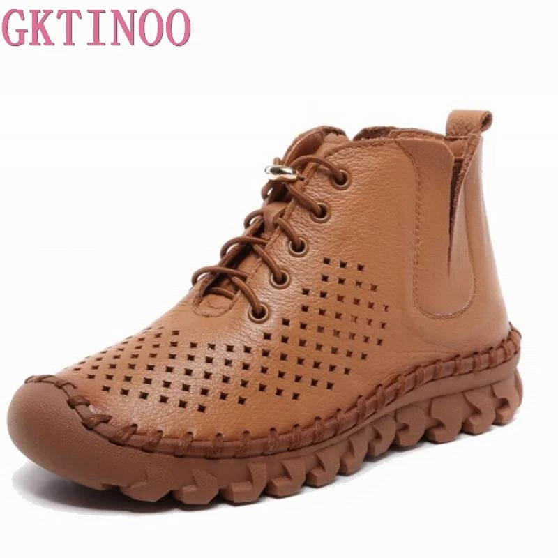 

GKTINOO Genuine Leather Hollow Out Breathable Summer Women Sandals Boots Handmade Spring Autumn Fashion Soft Flat Ankle Boots