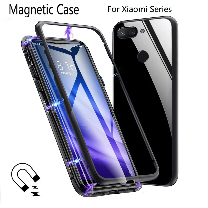 

Metal Magnetic Case for Xiaomi Mi 9 9se Mi 8 Lite F1 Case Magnetic Adsorption Tempered Glass Cover redmi Note 7 Pro 5 6 Pro Case