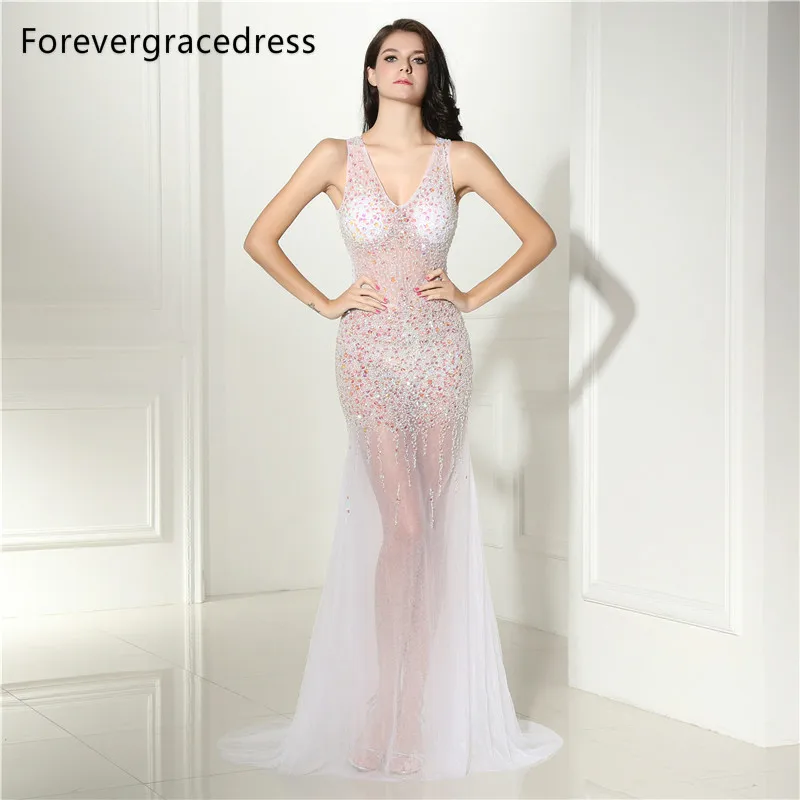 

Forevergracedress Sexy Illusion Prom Dress Backless V Neck Beaded Crystals Long Formal Party Gown Plus Size Custom Made