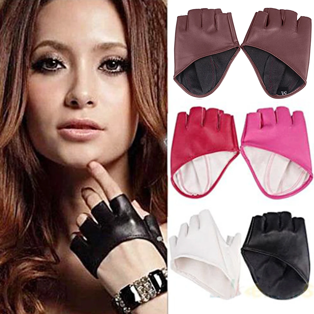 

2018 New Fashion Women's Leather Gloves Half Finger Gloves Fingerless Driving Show Jazz Gloves Pole Dance Performance Gloves Hot