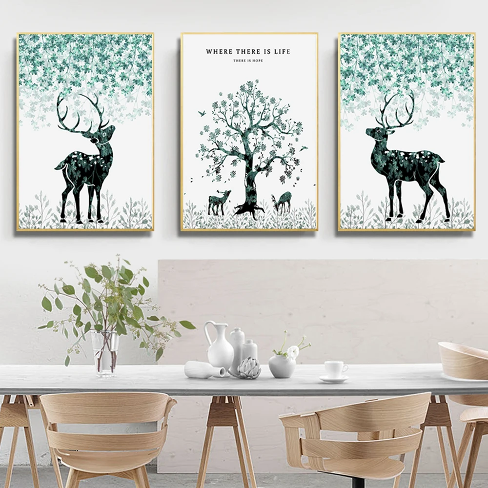 Green Cartoon Posters and Print Deer Life Tree Picture for Hallway Gym Game Room Wall Decor Abstract Artwork Home Decoration | Дом и сад