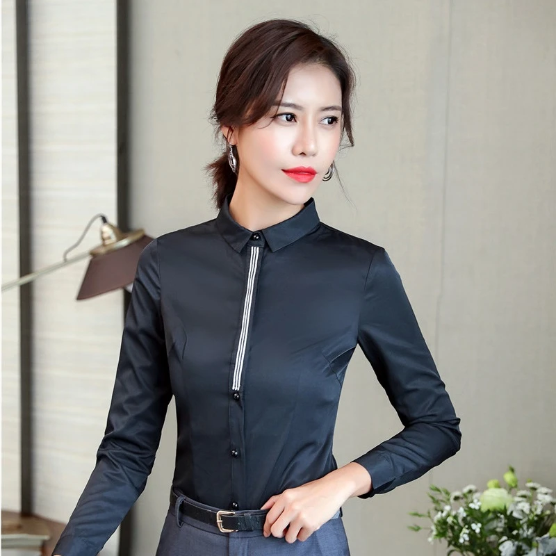 Blusa negra ajustada de manga larga para mujer, ropa de trabajo de  negocios, estilo uniforme, novedad|Blusas y camisas| - AliExpress
