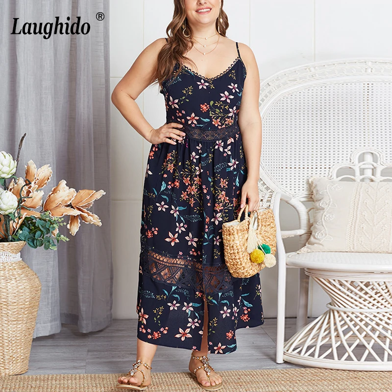

Laughido Plus Size Floral Printed Dress Split Spaghetti Strap Vestidos Beach Boho Summer Sundress Loose Patchwork Women's Dress