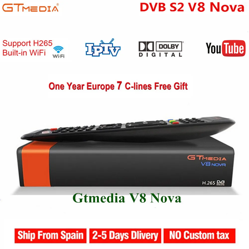 

Gtmedia DVB-S2 V8 Nova Satellite TV Receiver Freesat V8 With 7 lines Cccam For 1 Year Spain Support AC3 IPTV Built-in H.265