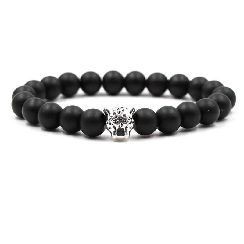 

2019 new 10mm black lava volcanic stone A-level tiger eye stone silver leopard head elastic bracelet