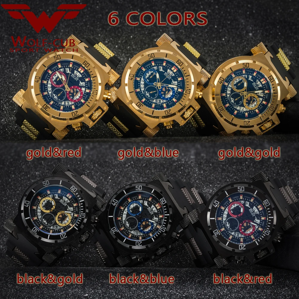  WOLF-CUB Luxury Big Dial Men's Sports Watches 3BAR blue Dial Man Steel Chronograph Quartz Wrist Wat
