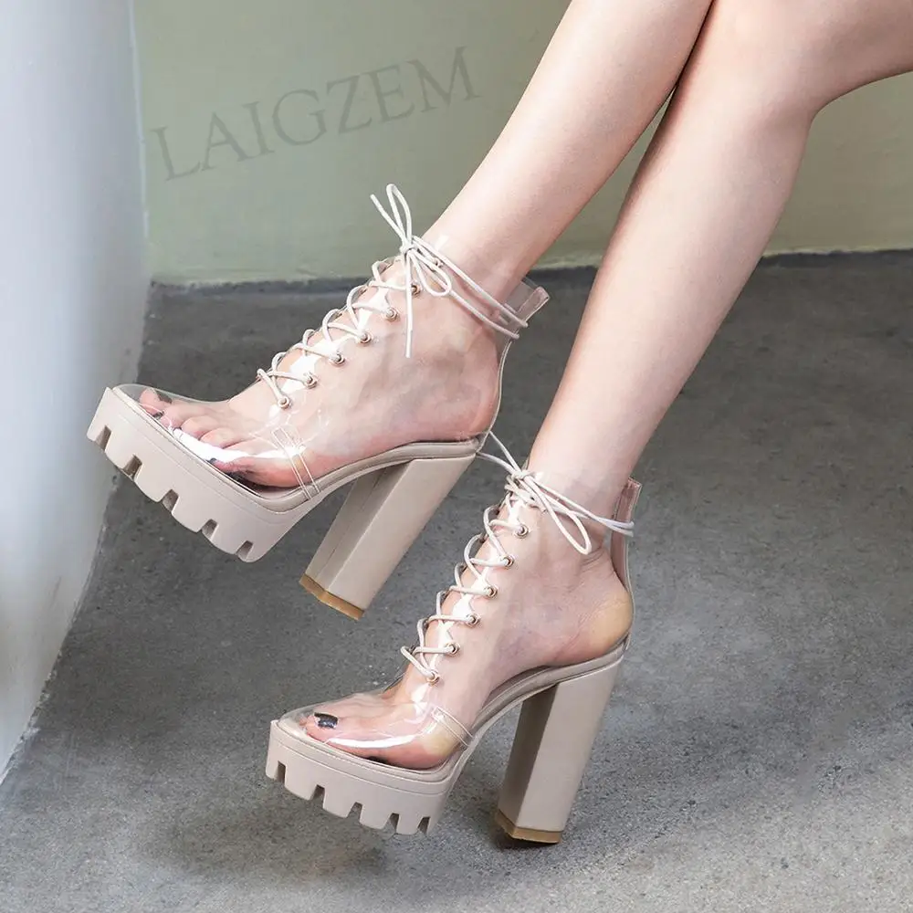 LAIGZEM FASHION Women SUMMER Transparent Clear Ankle Boots Chunky Heels Short Boots Ladies Botines Mujer Small Big Size 33-41 (3)