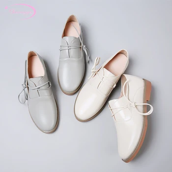

Chainingyee college style comfortable round toe soft natural leather pumps lace-up beige gray thick low heels women's shoes