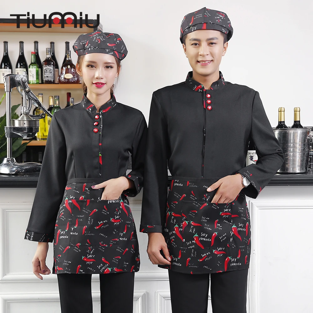 

Chili Print Waiter Jacket Patchwork Chinese Restaurant Hot Pot Shop Waitress Waiter Work Uniform Food Service Long Sleeve Jacket