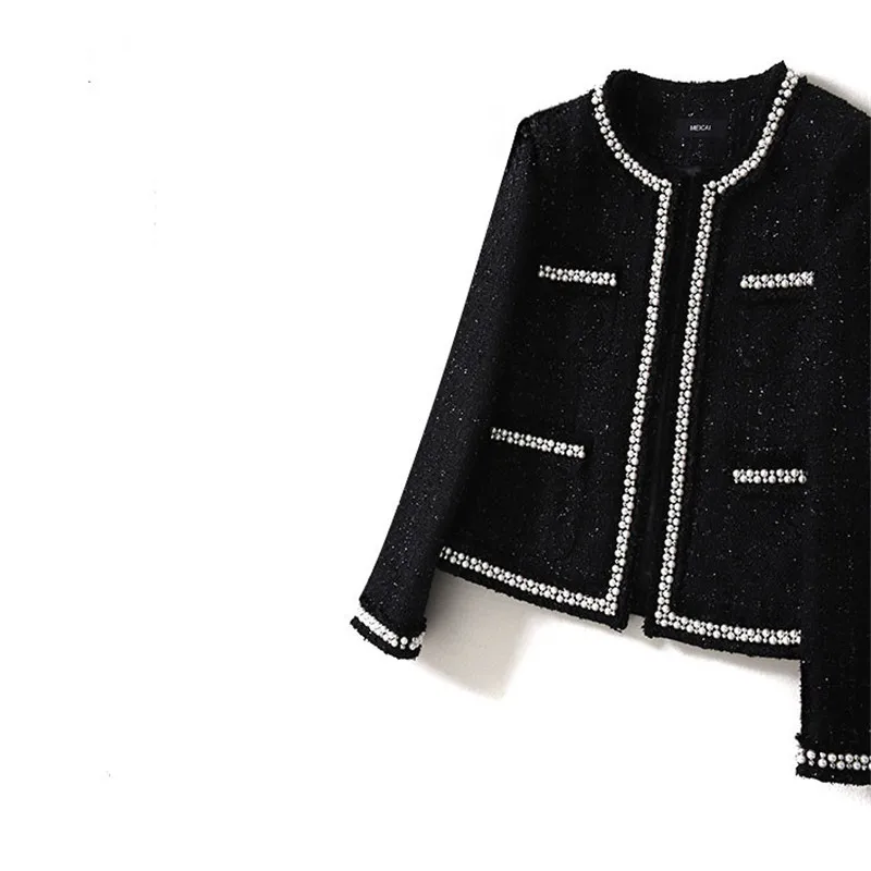 

Handmade Luxury Blazer Suits for Women Fashion Bright Silk Tweed O Neck Hidden Breasted Pearl Short Blazers Coat Black