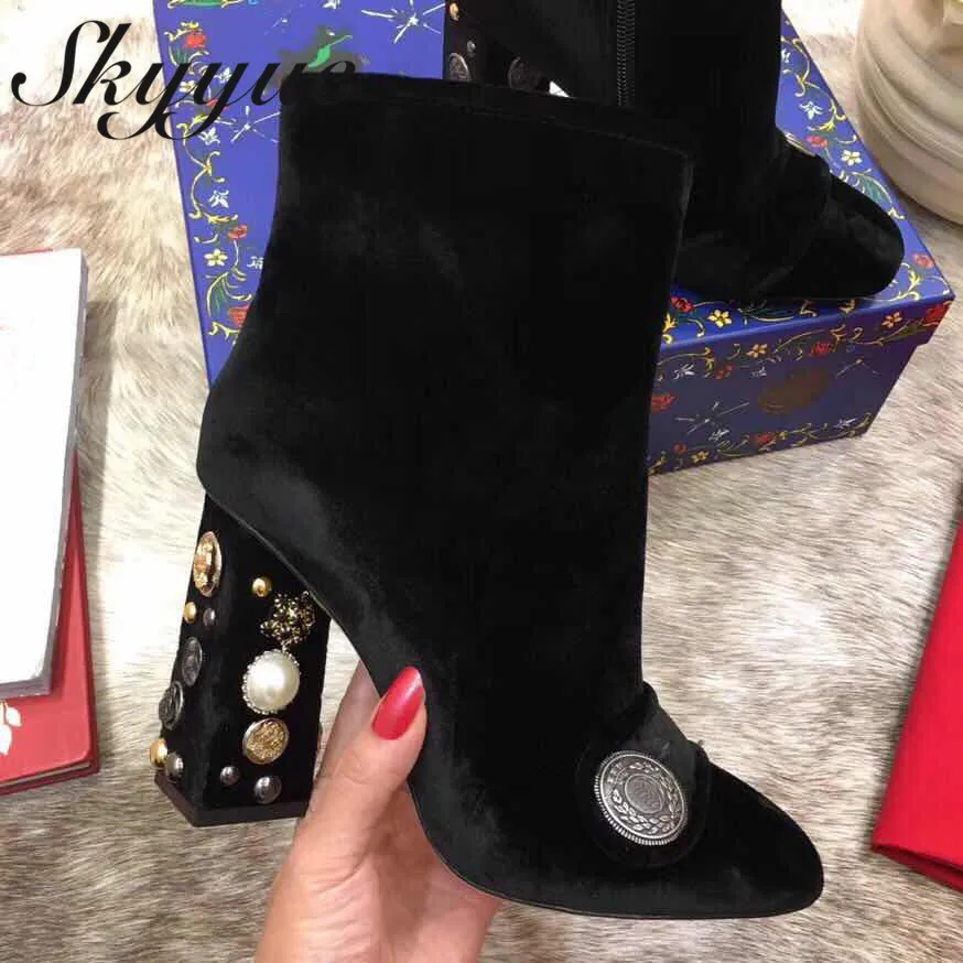 

LISN New Arrivals Velvet Genuine Leather Metal Sequined Ankle Boots Round Toe Jewel Beading Chunky Heel Winter Boots Shoes