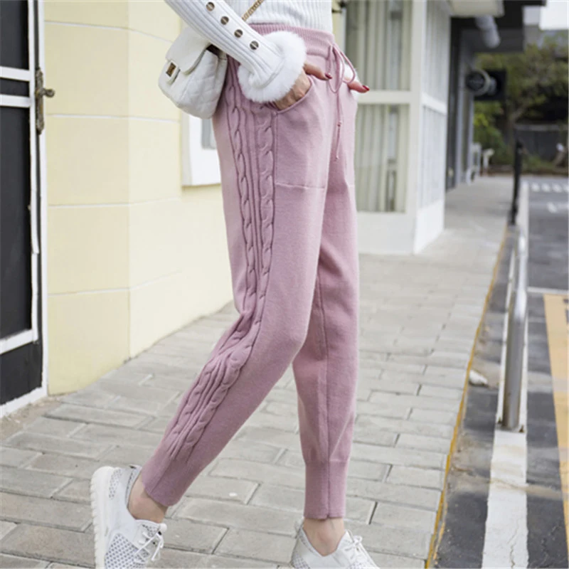 

Winter Lace-up Elastic Women Trousers Side Twist Loose Pants Warm Thicken Stretchable Knitted 5 Colors