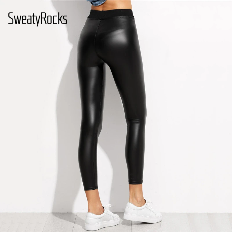 SweatyRocks فو سروال ضيق من الجلد اللياقة البدنية عالية مخصر بناطيل تدفئة للنساء الأسود التباين مطاطا الخصر نحيل طماق