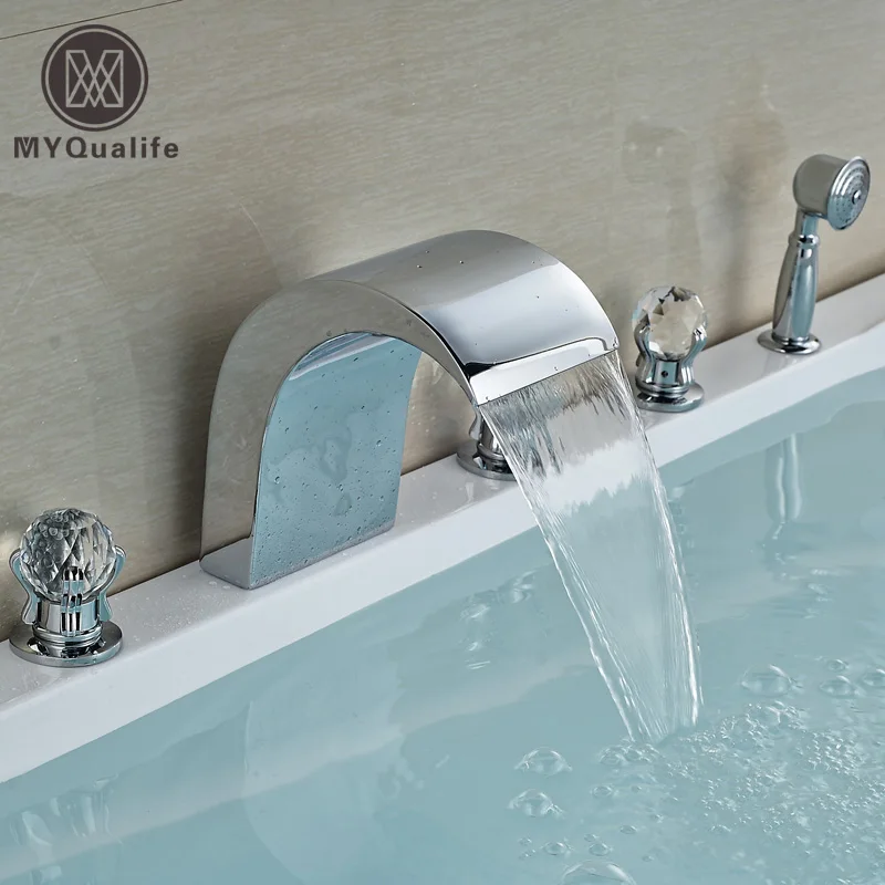 

Chrome Finished Waterfall Bath Shower Set Faucet Deck Mount Tub Faucet Sets 5pcs Mixer Tap with Handshower
