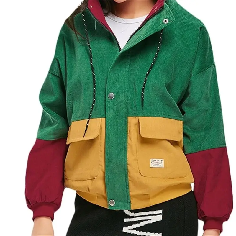 3XL размера плюс цвет блок с капюшоном Вельветовая куртка для женщин зима теплый шнурок хит цвет заплатки Толстая смесь женщин Пальто Harajuku