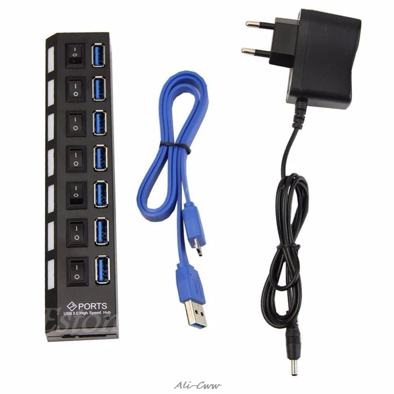 7 Port USB 3.0 Hub With On/Off Switch+ EU Power Adapter For PC LaptoTR Platooninsert For Computer Peripherals