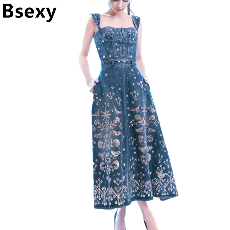 Женское джинсовое платье средней длины с открытой спиной и цветочным принтом|denim