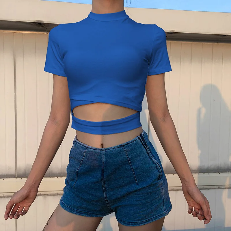 

NORMOV Sexy Women Tees Short Sleeve Solid Color Short Paragraph Dew Belly Button Cotton Tees Skinny Tees Coat Short sleeve