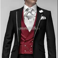 Смокинги для жениха на заказ, черный костюм, красный жилет, лацкан с тупым углом, шафер жених, Мужская Свадебная вечеринка, платье(куртка+ брюки+ галстук+ жилет
