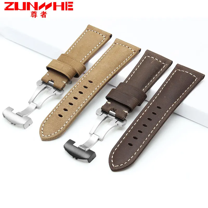 Genuine Leather Watchbands Men with Butterfly Buckle Bands for Panerai Belt Stainless Steel Buckle 22mm 24mm 4