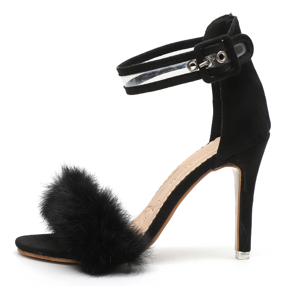 

Faux fur sandal women shoes thin heels leather ankle strap high heels women shoes Serpentine fashion party female size 43