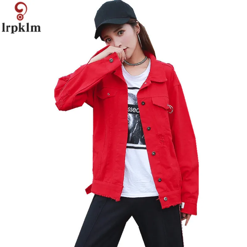 

2018 Spring Fashion Denim Jacket Hole Red Jacket Denim Jacket Loose Baseball Uniform College Wind Solid Color Jacket WM012