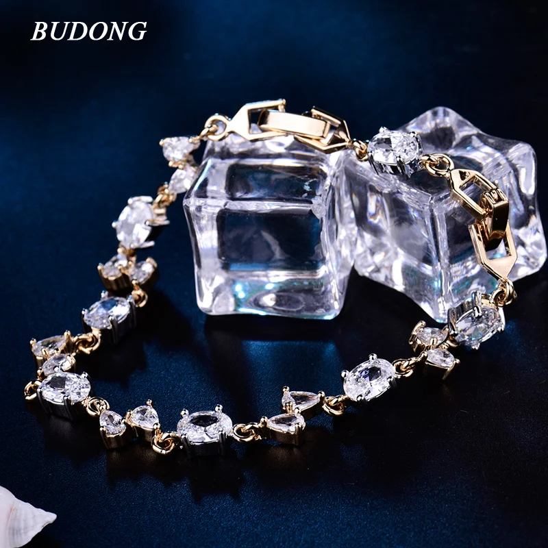 

BUDONG Bracelets for Women Luxury Brand New Simple Crystal Cubic Zirconia Hand Silver/Gold Color Bangle Wedding Jewelry XUL138