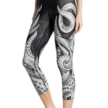 Женские черные и белые леггинсы для фитнеса с принтом осьминога, быстросохнущие леггинсы для упражнений, высокая талия, до середины икры, энергетические брюки, брюки, ropa mujer