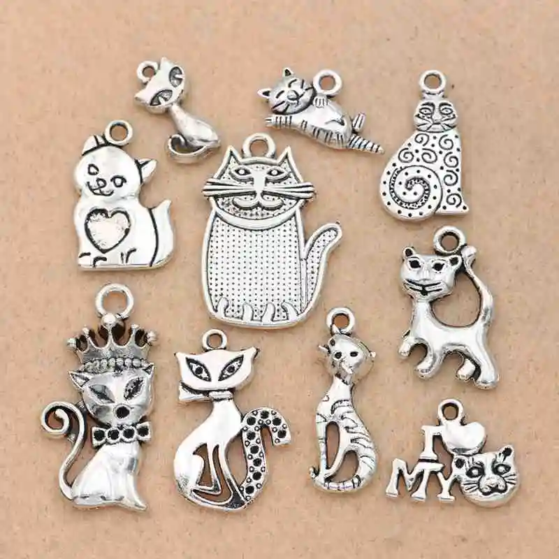 10 pcs I Love My cat Tibet silver Charms Pendants DIY Jewellery Making crafts