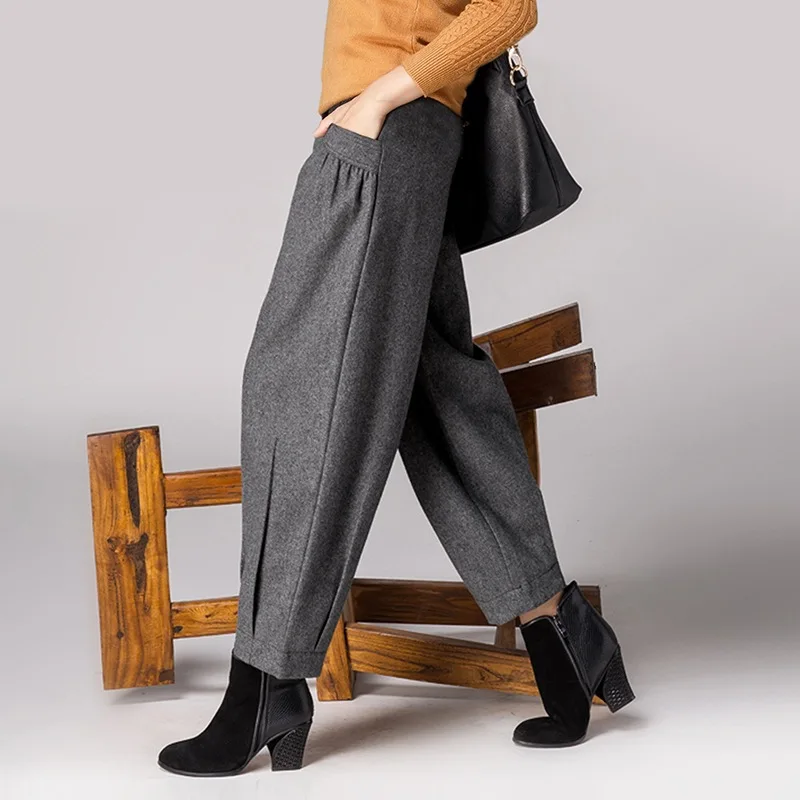 

Woman Plus Size Spring Fall Retro Woolen Haren Pants Female High Wide Leg Trousres Lady Woolen Loose Carrot Pants Bloomers
