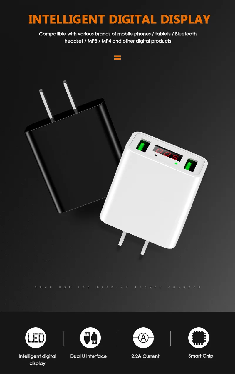 Зарядное устройство для мобильного телефона светодиодный дисплей 2 USB зарядное устройство для iPhone samsung Xiaomi EU US дорожное настенное зарядное устройство Зарядка для телефона usb-адаптер
