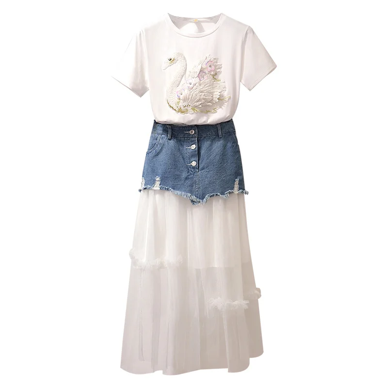 

Amolapha Women Sequined 3D Swan TShirt+Denim Mesh Patchwork Skirt 2PCS Clothing Sets Casual Mid Calf Skirts Suits