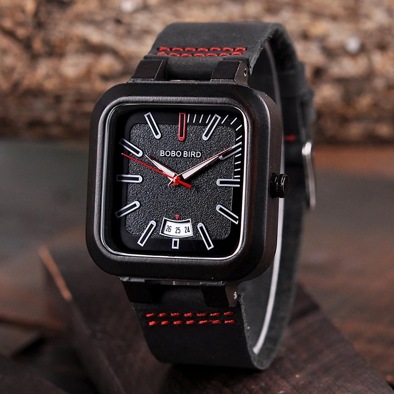 BOBO BIRD Men Watches Wooden Saat erkek Wristwatches Male Japanese movement Square Show Date Gift Cuostom logo in Wood Gift Box