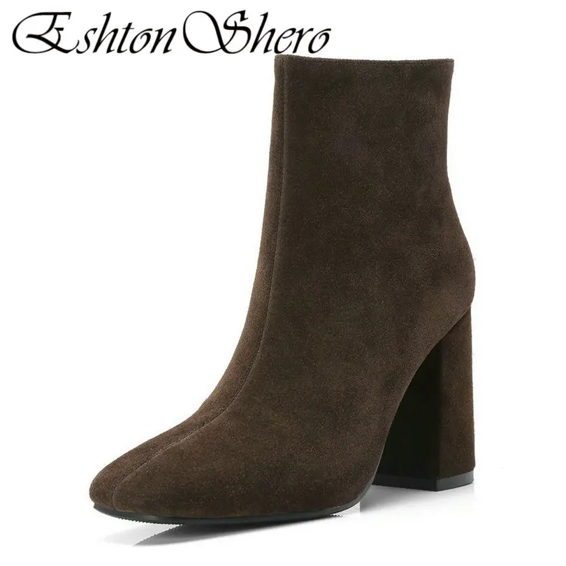 

EshtonShero Ankle Boots Shoes Woman New Arrivals Cow Suede+PU Zipper Square Toe Square High Heel Ladies Casual Boot Size 34-39