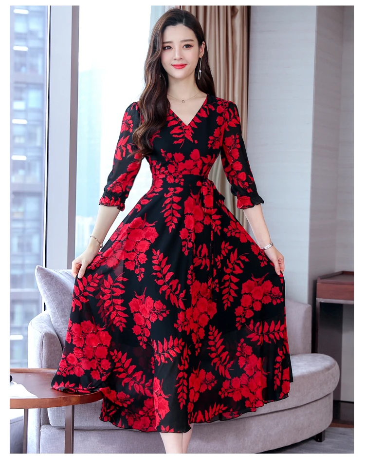 High Quality Plus Size Fashion Autumn New Arrival Collect Waist 3/4 Sleeve FeatherPrinting Woman Long V Neck Chiffon Dress