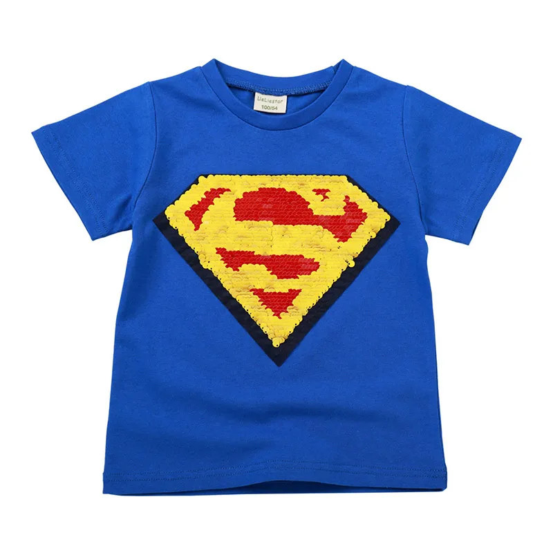 Blue Superman Детские крутые футболки с супергероями доступны для мальчиков и девочек, с двусторонними блестками, с изображением Человека-паука, Железного человека, топы, детские футболки - Цвет: Blue Superman