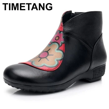 

TIMETANG Brand Boots Spell Color Plus Size Women Boots Plus Velvet Warm Comfort Snow Boots 2018 New Printing Real Leather Boots