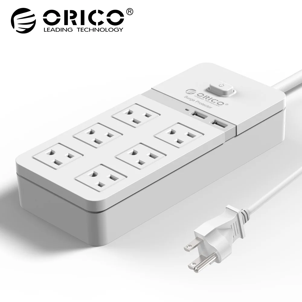 

ORICO SPT-S6 Smart USB Power Strip Socket US Plug Overload Switch Surge Protector 6 Outlet 2 Port USB Charger 1.5M Power Cord