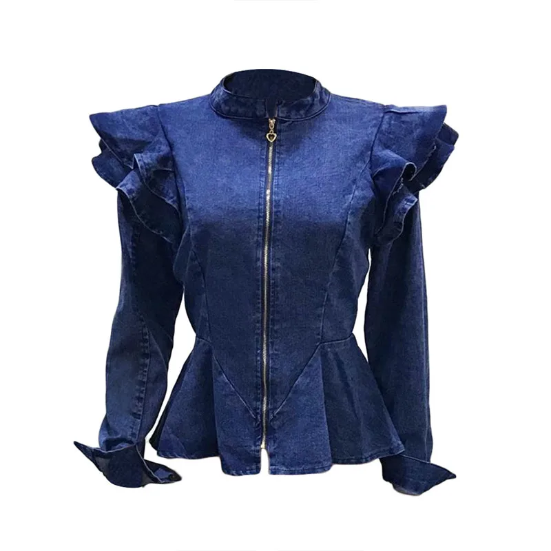 astounding Plus Size Cropped Jeans Jacket Women Autumn Long Sleeve Ruched Zipper Vintage Bomber Jacket Short B