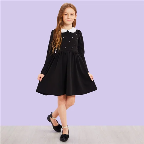 SHEIN/милое черное платье с контрастным воротником и жемчужинами для девочек; одежда для детей; коллекция года; сезон весна; корейские элегантные Детские платья с длинными рукавами - Цвет: Черный
