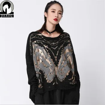

Hip Hop Women Autumn Knitted Sweaters And Pullovers Matching Beaded Hollow Perspective Bronzing Silver Loose Sweater Coat Female