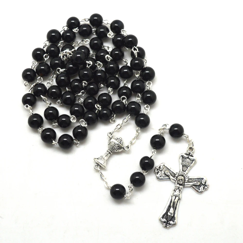 First Holy Communion Rosary Necklaces 8 mm Black Round Beadsin Chain