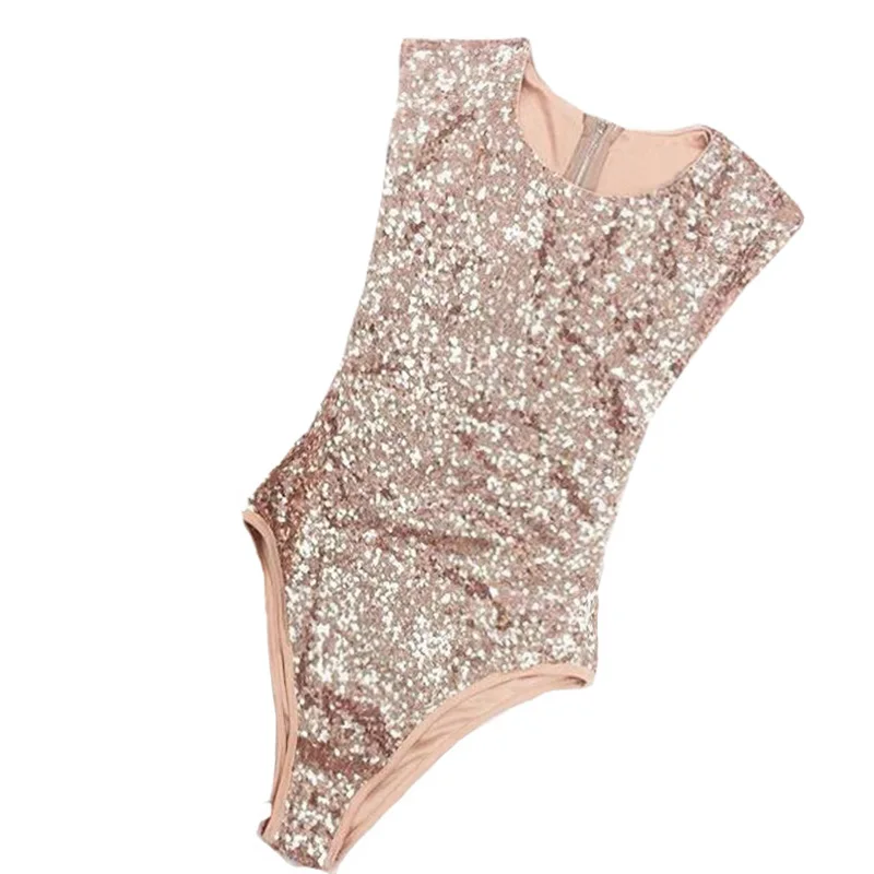 Women Sequined triangle sleeveless jumpsuits Sexy Bodysuits Round neck
