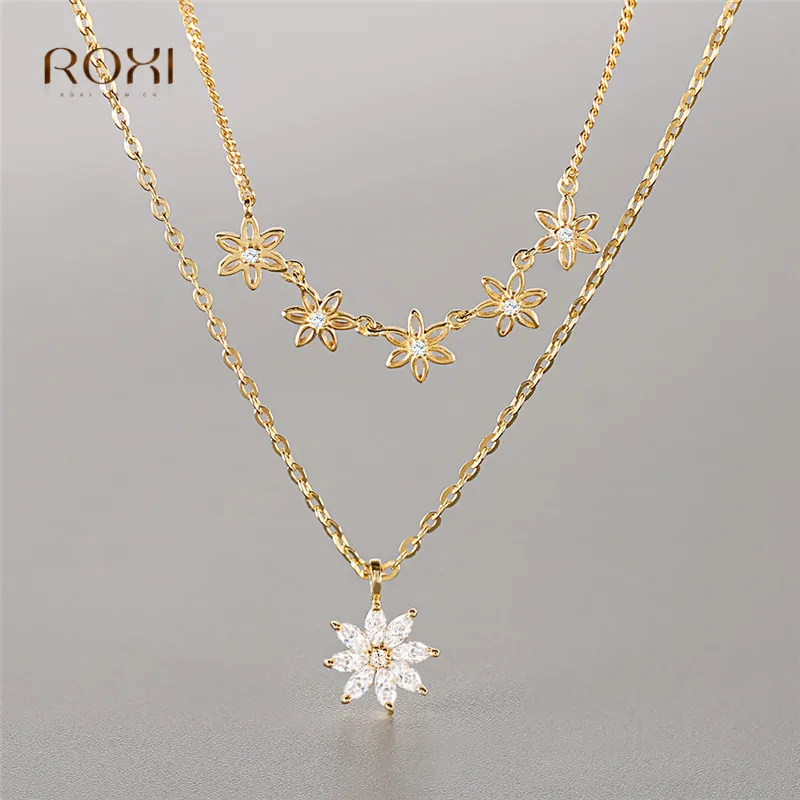 

ROXI Crystal Rhinestone Necklaces & Pendants Multilayer Beautiful Flower Necklace Double Layered 925 Sterling Silver Jewelry