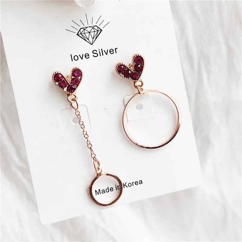 

New Korean Charm Round Rhinestone Love Heart Earrings For Women Fashion Asymmetric Drop Earring Luxury Wedding Jewelry Wholesale