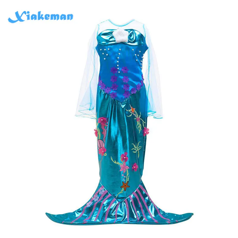 Девушка Дети Русалка платье принцессы «рыбий хвост» костюм Ариэль платья Хэллоуин вечерние Косплэй с длинным рукавом плотно принцесса Vestido