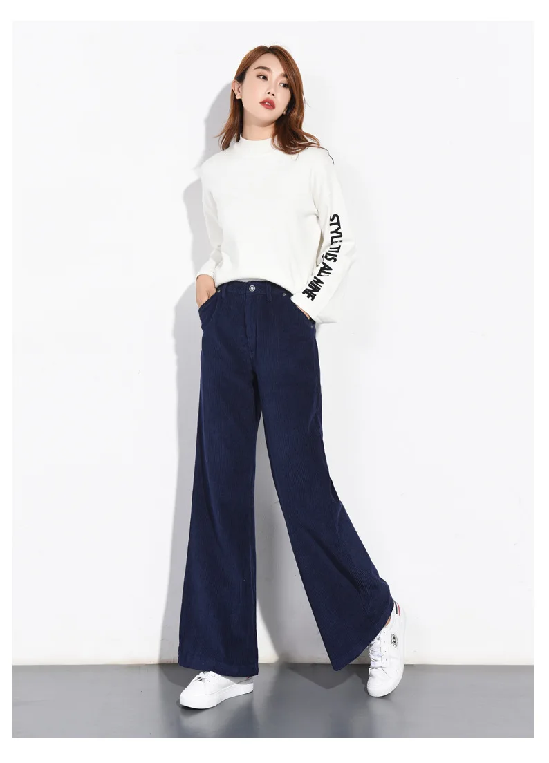 Новинка года, женские весенне-осенние вельветовые Широкие штаны длинные прямые брюки с высокой талией для девочек размер 26-32