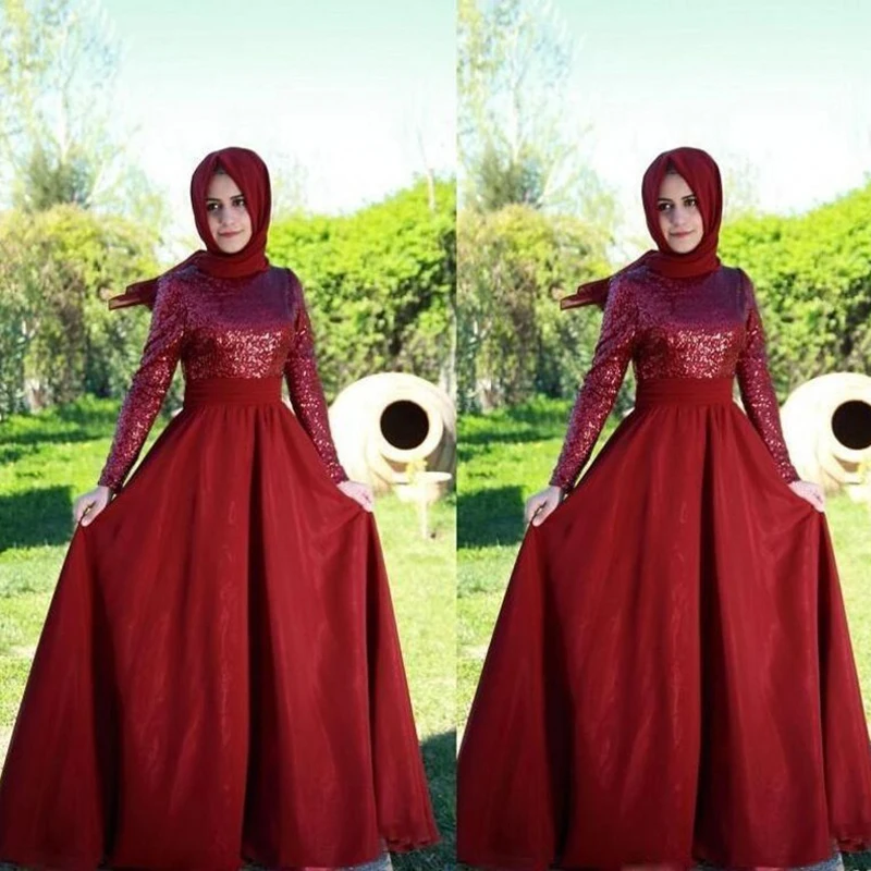 Wine Red Muslim Long Evening Dresses 2017 Sequined O Neck Long Sleeve Party Dress with font